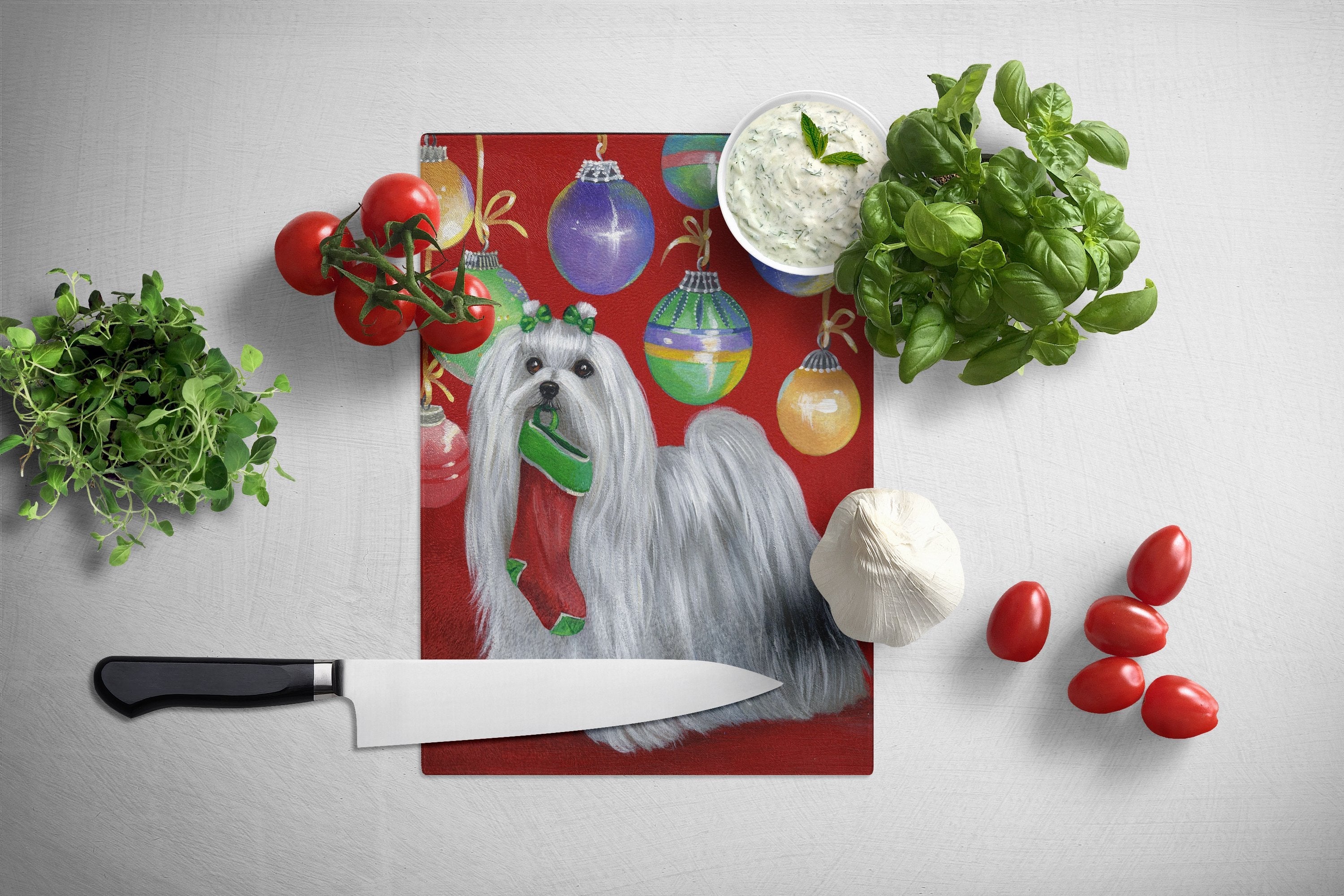Maltese Christmas Stocking Stuffer Cutting Board Tempered Glass Kitchen Cutting Surface, Heat Resistant Chopping, Non-Slip Feet, Food Prep & Serving