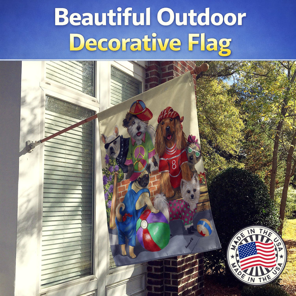 Dogs Mutli-Breed Neighborhood House Flag 28x40 Porch Sleeve Pole Decorative Outside Yard Banner Artwork Wall Hanging, Polyester