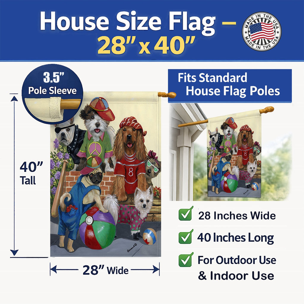 Dogs Mutli-Breed Neighborhood House Flag 28x40 Porch Sleeve Pole Decorative Outside Yard Banner Artwork Wall Hanging, Polyester