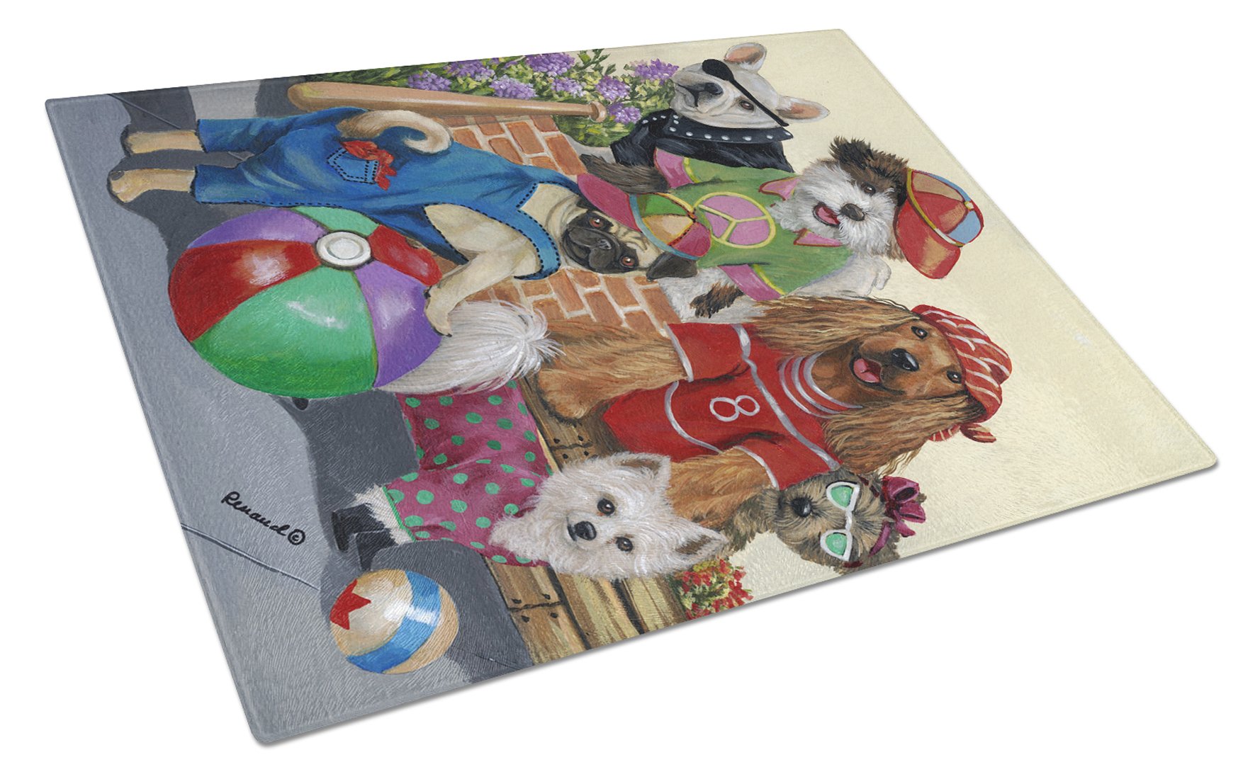 Dogs Mutli-Breed Neighborhood Cutting Board Tempered Glass Kitchen Cutting Surface, Heat Resistant Chopping, Non-Slip Feet, Food Prep & Serving
