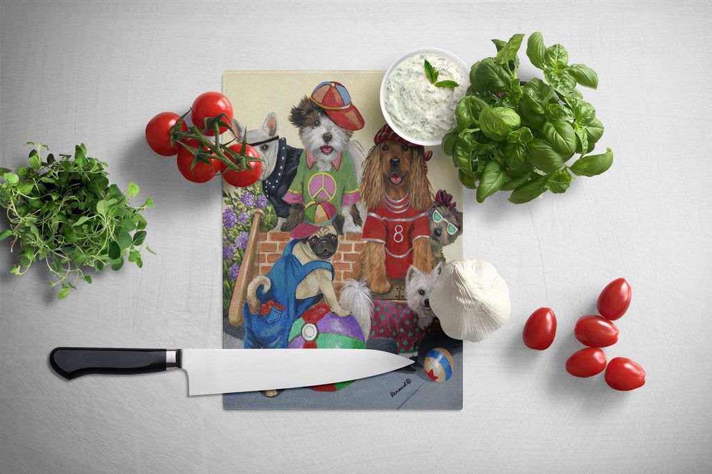 Dogs Mutli-Breed Neighborhood Cutting Board Tempered Glass Kitchen Cutting Surface, Heat Resistant Chopping, Non-Slip Feet, Food Prep & Serving