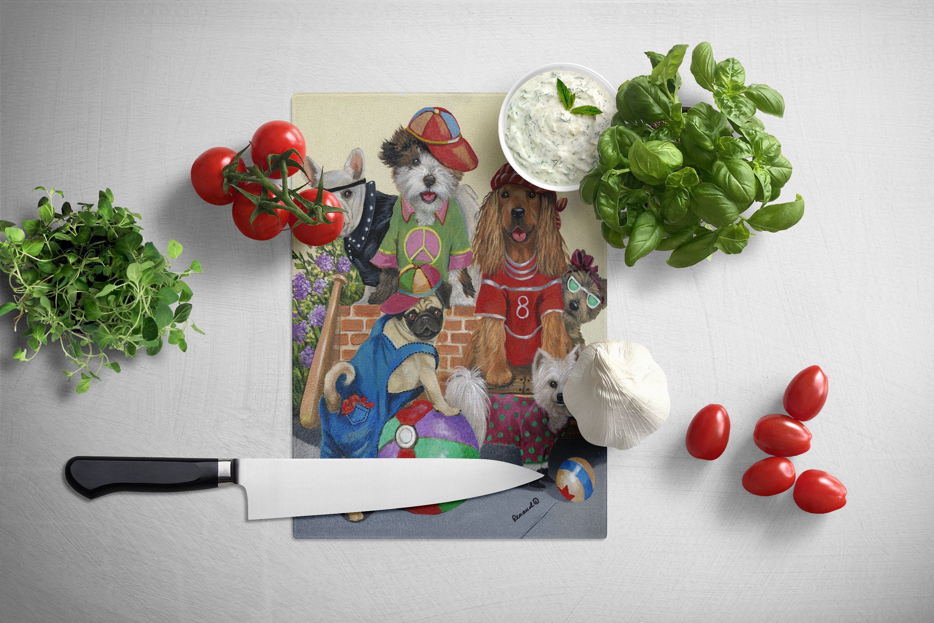 Dogs Mutli-Breed Neighborhood Cutting Board Tempered Glass Kitchen Cutting Surface, Heat Resistant Chopping, Non-Slip Feet, Food Prep & Serving