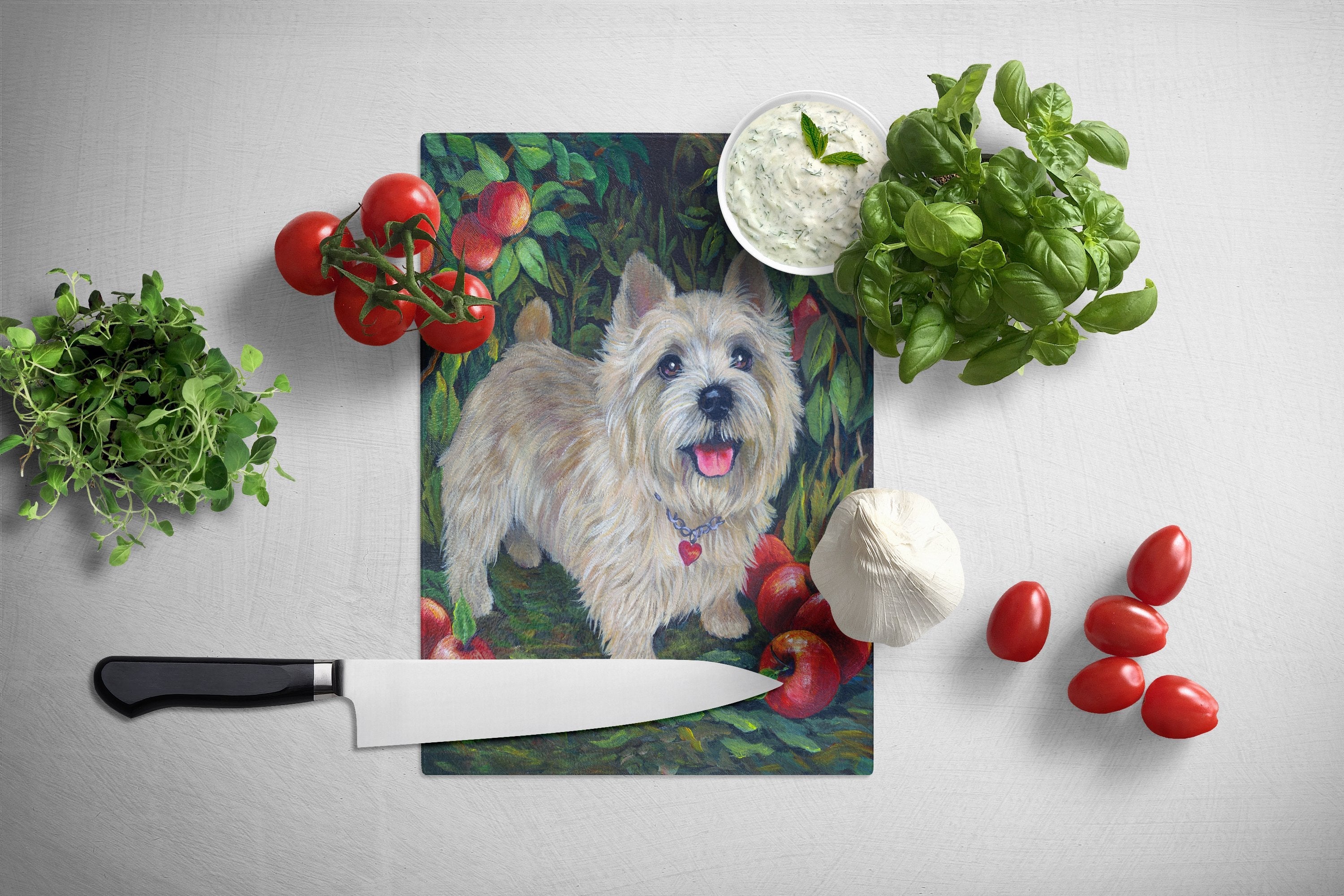 Norwich Terrier Apple Grove Cutting Board Tempered Glass Kitchen Cutting Surface, Heat Resistant Chopping, Non-Slip Feet, Food Prep & Serving