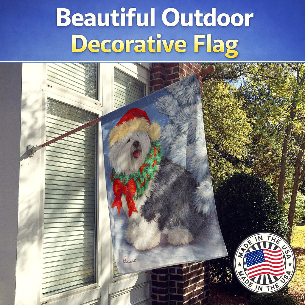 Old English Sheepdog Christmas House Flag 28x40 Porch Sleeve Pole Decorative Outside Yard Banner Artwork Wall Hanging, Polyester