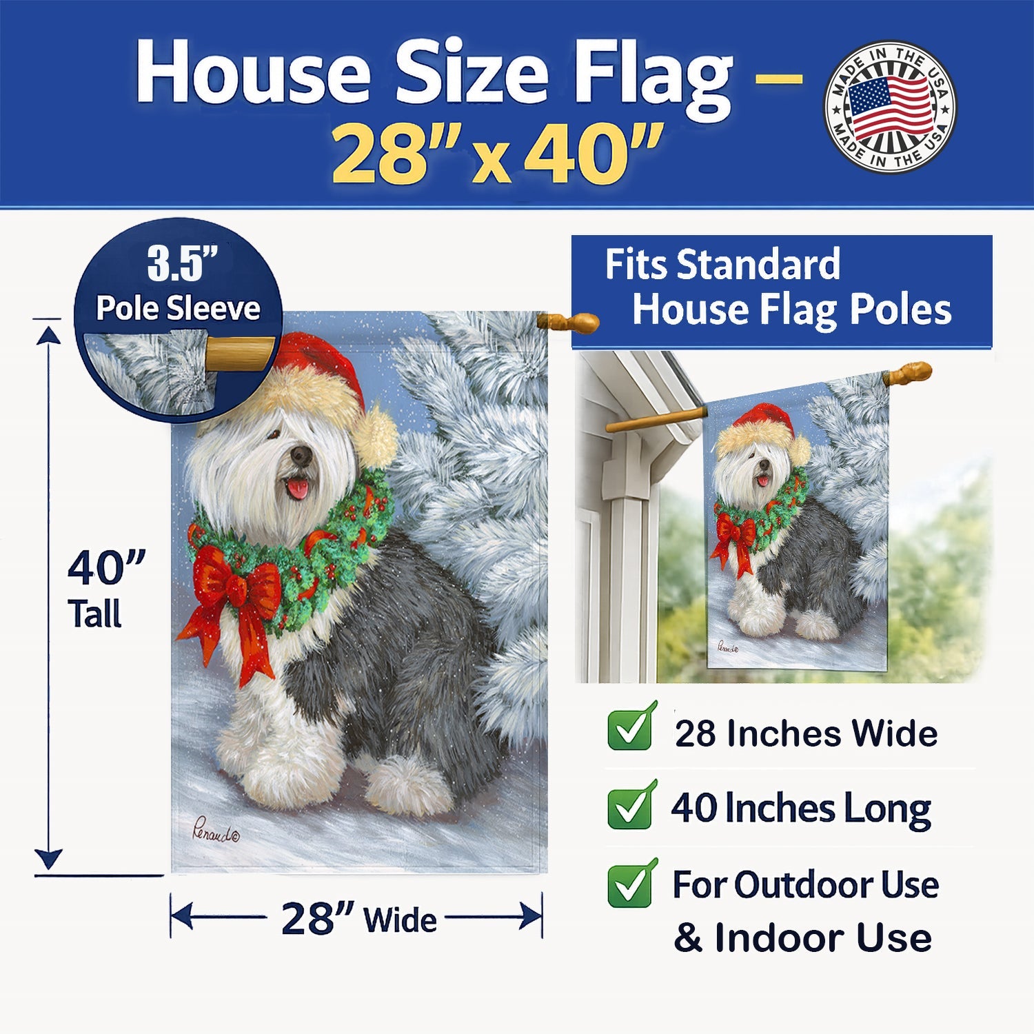 Old English Sheepdog Christmas House Flag 28x40 Porch Sleeve Pole Decorative Outside Yard Banner Artwork Wall Hanging, Polyester