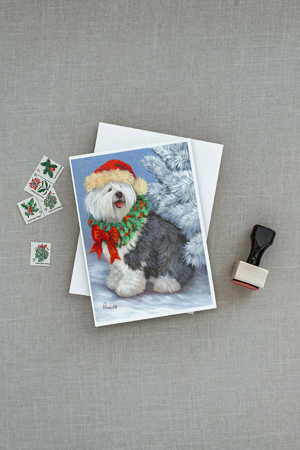 Old English Sheepdog Christmas Greeting Cards Pack of 8 Blank Cards with Envelopes Whimsical A7 Size 5x7