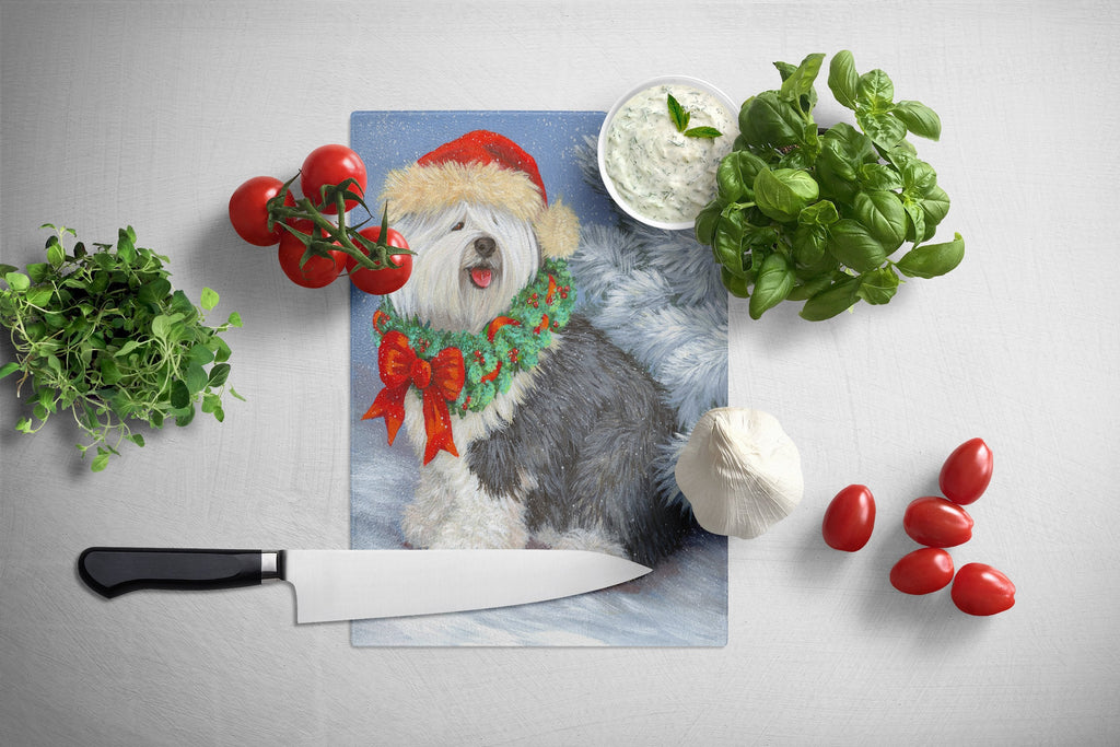 Old English Sheepdog Christmas Cutting Board Tempered Glass Kitchen Cutting Surface, Heat Resistant Chopping, Non-Slip Feet, Food Prep & Serving