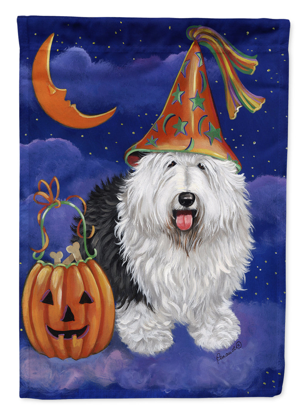 Old English Sheepdog Halloween House Flag 28x40 Porch Sleeve Pole Decorative Outside Yard Banner Artwork Wall Hanging, Polyester