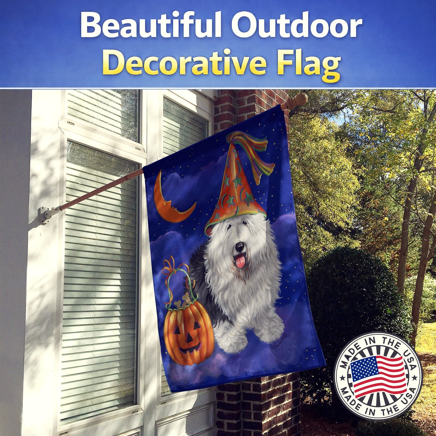 Old English Sheepdog Halloween House Flag 28x40 Porch Sleeve Pole Decorative Outside Yard Banner Artwork Wall Hanging, Polyester