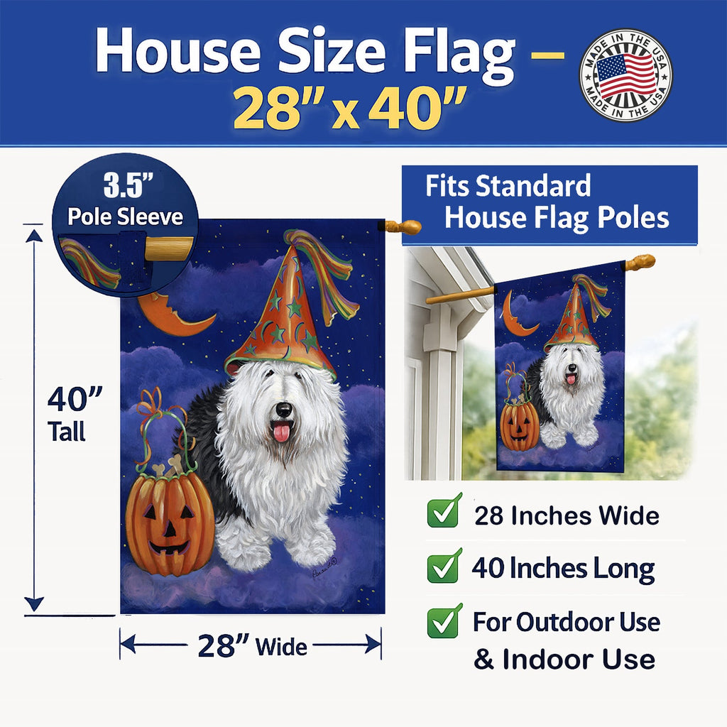 Old English Sheepdog Halloween House Flag 28x40 Porch Sleeve Pole Decorative Outside Yard Banner Artwork Wall Hanging, Polyester