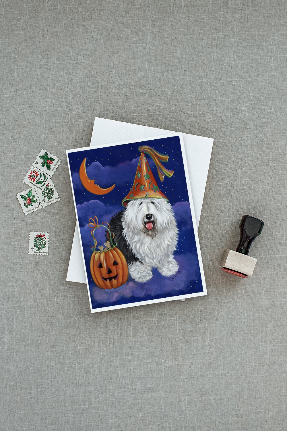 Old English Sheepdog Halloween Greeting Cards Pack of 8 Blank Cards with Envelopes Whimsical A7 Size 5x7