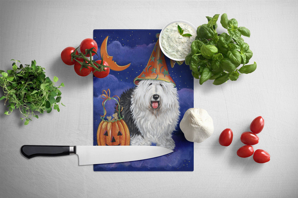 Old English Sheepdog Halloween Cutting Board Tempered Glass Kitchen Cutting Surface, Heat Resistant Chopping, Non-Slip Feet, Food Prep & Serving