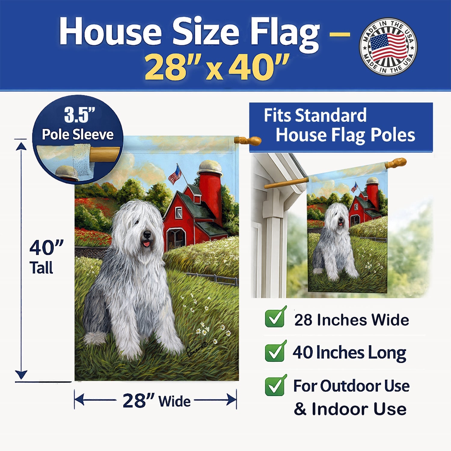Old English Sheepdog Heaven House Flag 28x40 Porch Sleeve Pole Decorative Outside Yard Banner Artwork Wall Hanging, Polyester