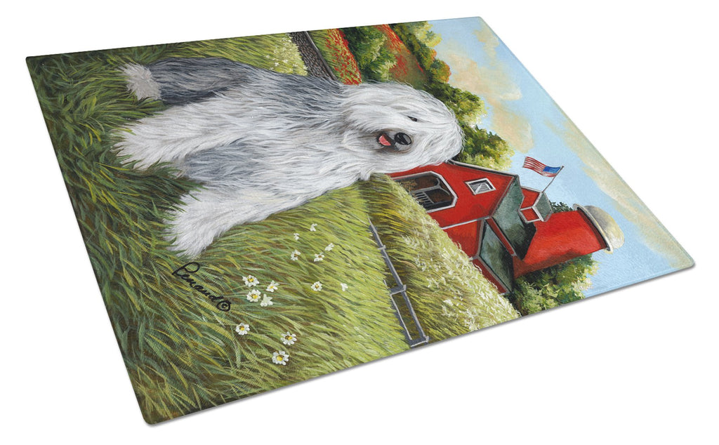 Old English Sheepdog Heaven Cutting Board Tempered Glass Kitchen Cutting Surface, Heat Resistant Chopping, Non-Slip Feet, Food Prep & Serving