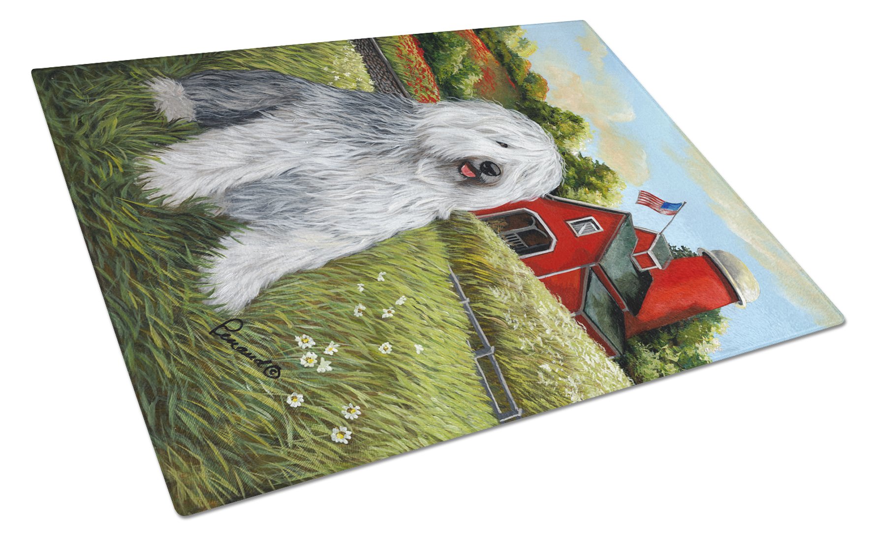 Old English Sheepdog Heaven Cutting Board Tempered Glass Kitchen Cutting Surface, Heat Resistant Chopping, Non-Slip Feet, Food Prep & Serving