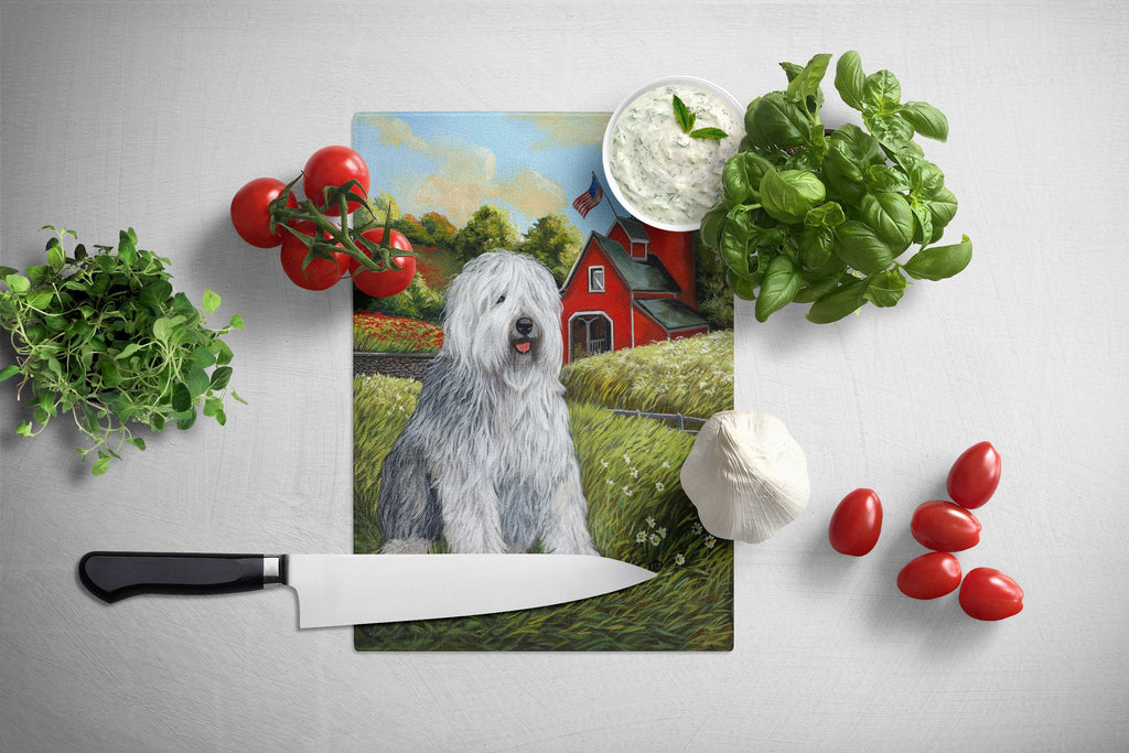 Old English Sheepdog Heaven Cutting Board Tempered Glass Kitchen Cutting Surface, Heat Resistant Chopping, Non-Slip Feet, Food Prep & Serving