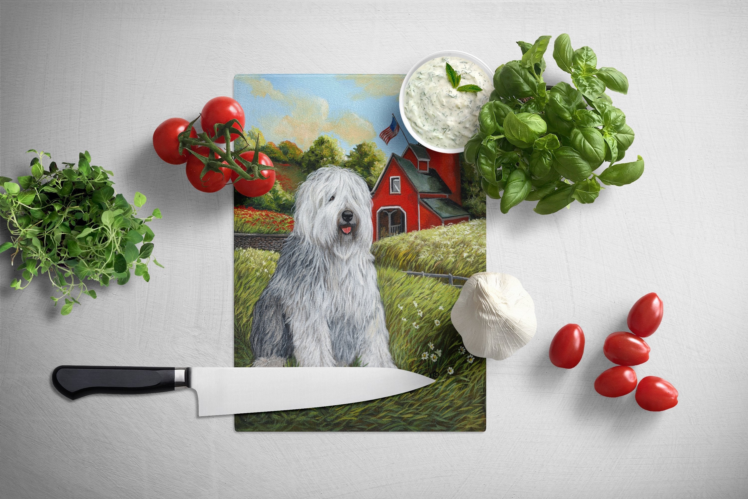 Old English Sheepdog Heaven Cutting Board Tempered Glass Kitchen Cutting Surface, Heat Resistant Chopping, Non-Slip Feet, Food Prep & Serving
