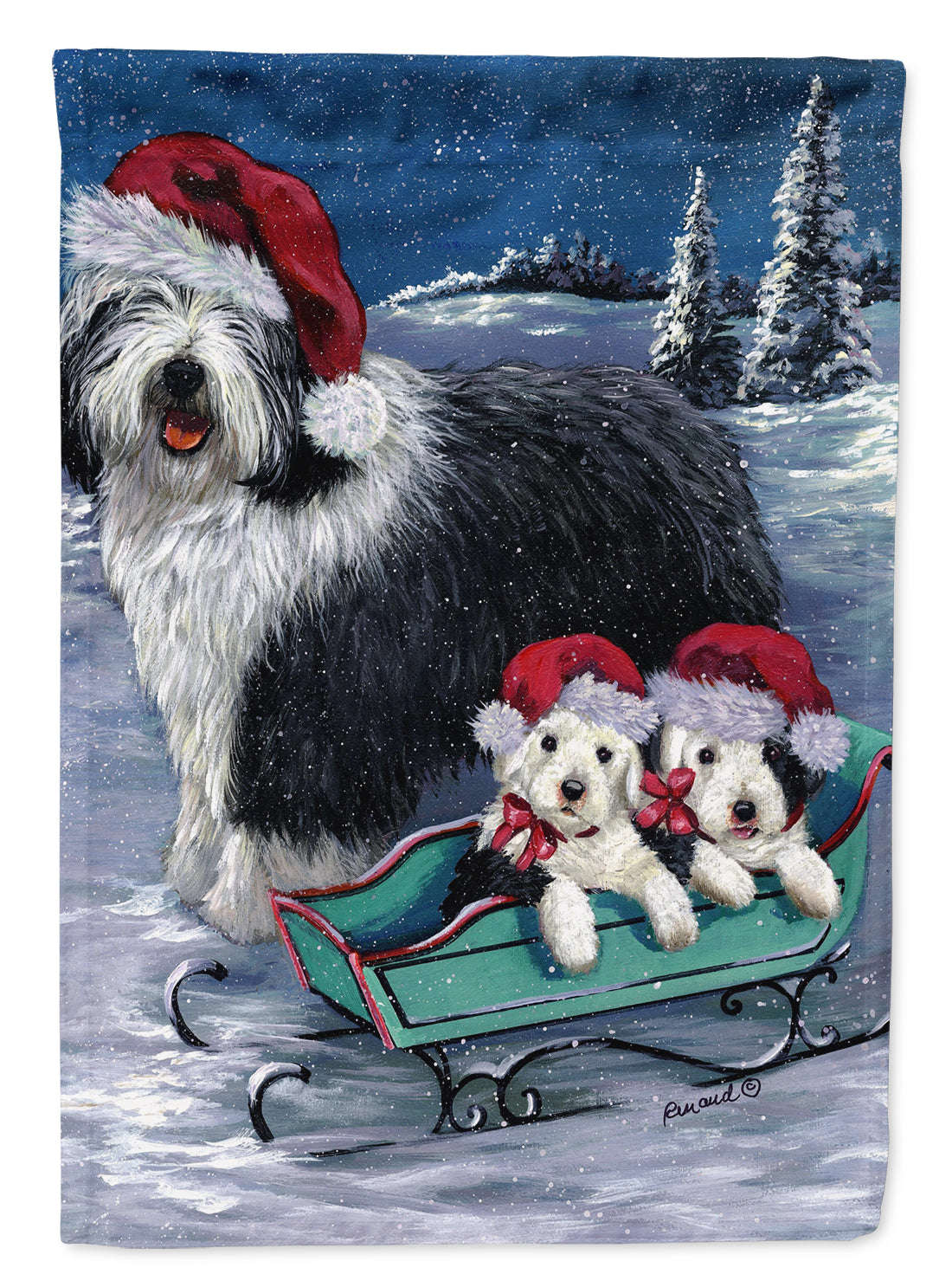 Old English Sheepdog Christmas Snow House Flag 28x40 Porch Sleeve Pole Decorative Outside Yard Banner Artwork Wall Hanging, Polyester