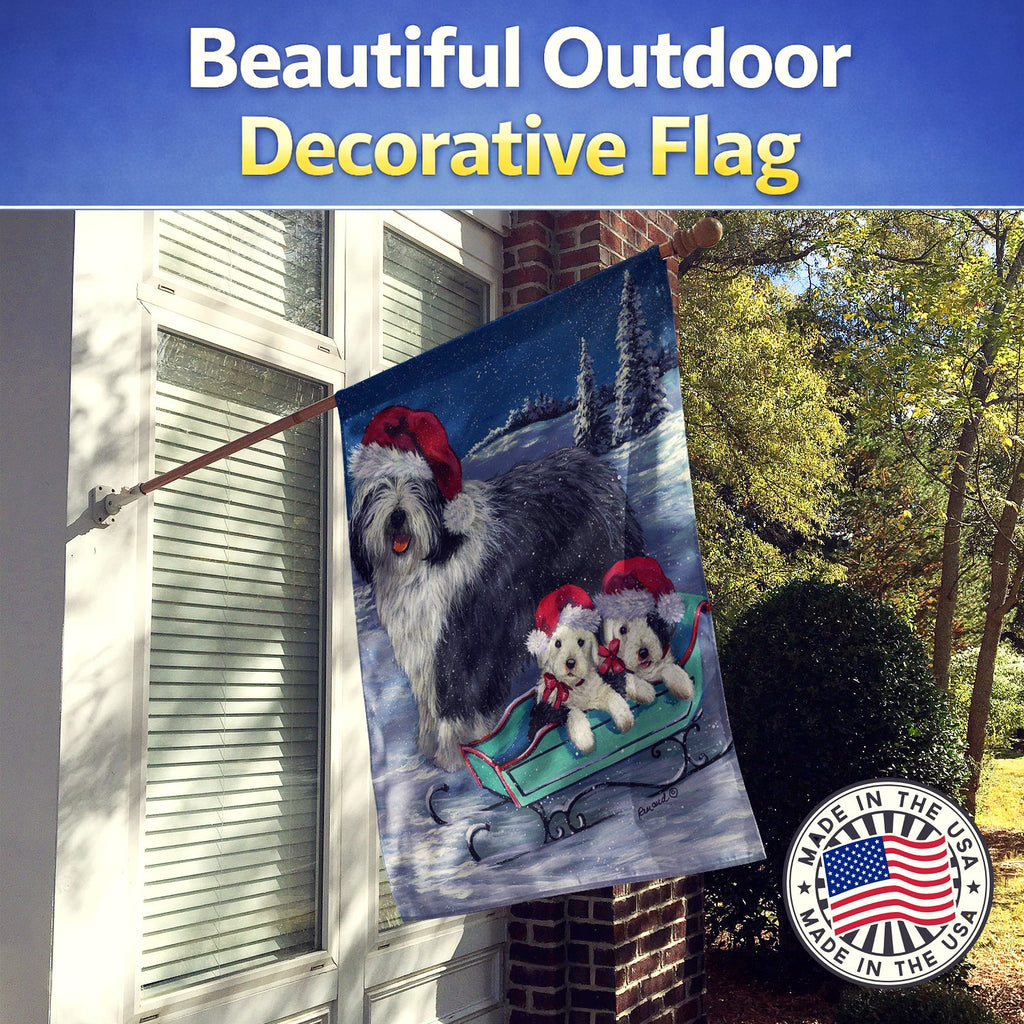 Old English Sheepdog Christmas Snow House Flag 28x40 Porch Sleeve Pole Decorative Outside Yard Banner Artwork Wall Hanging, Polyester