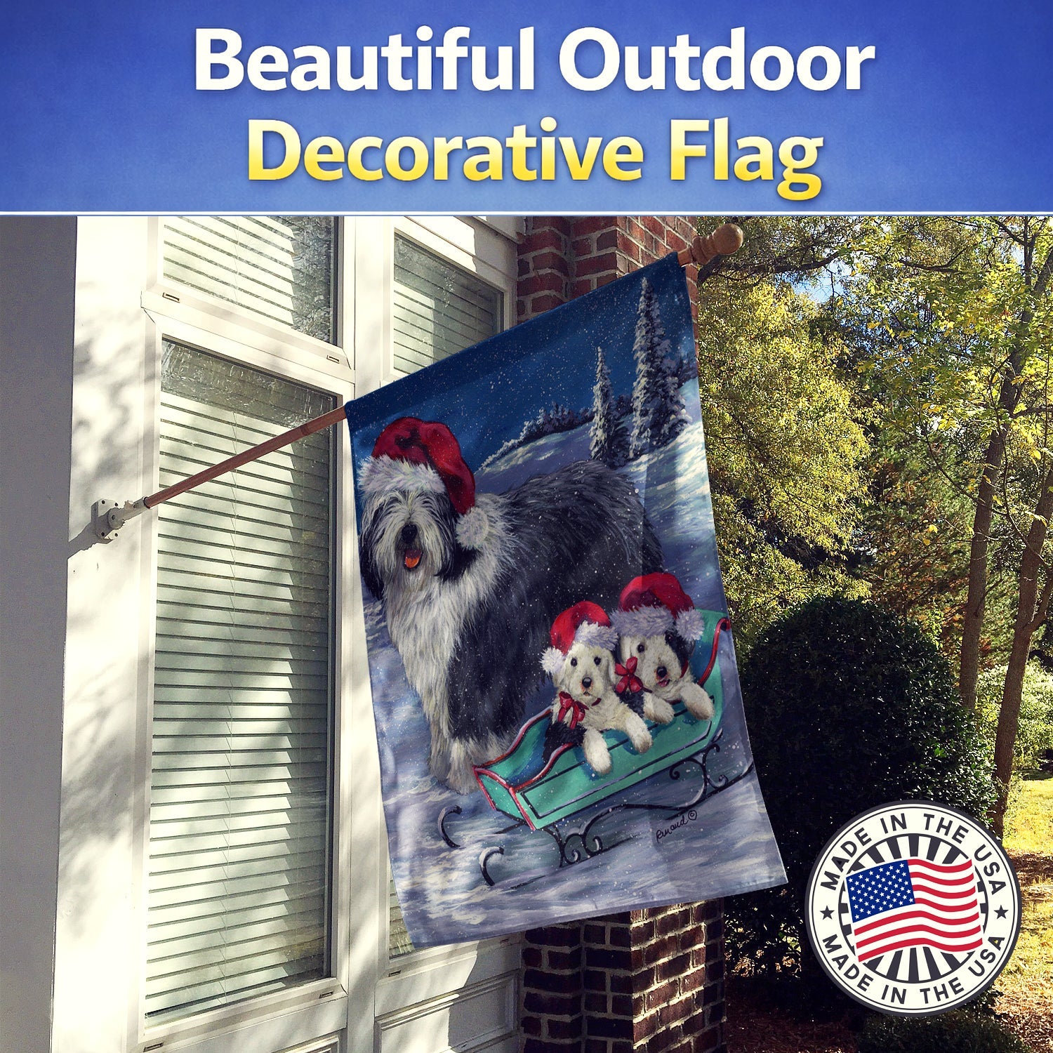 Old English Sheepdog Christmas Snow House Flag 28x40 Porch Sleeve Pole Decorative Outside Yard Banner Artwork Wall Hanging, Polyester