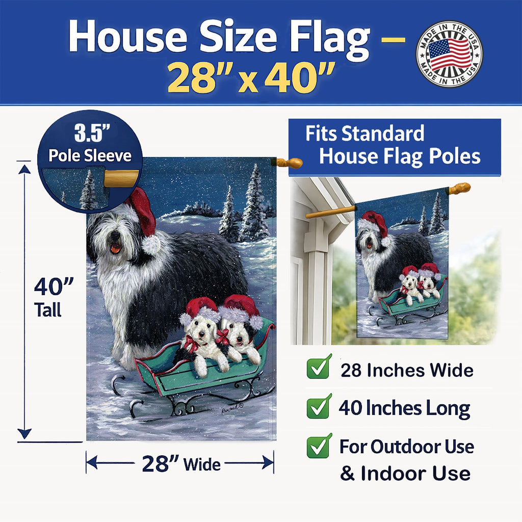 Old English Sheepdog Christmas Snow House Flag 28x40 Porch Sleeve Pole Decorative Outside Yard Banner Artwork Wall Hanging, Polyester