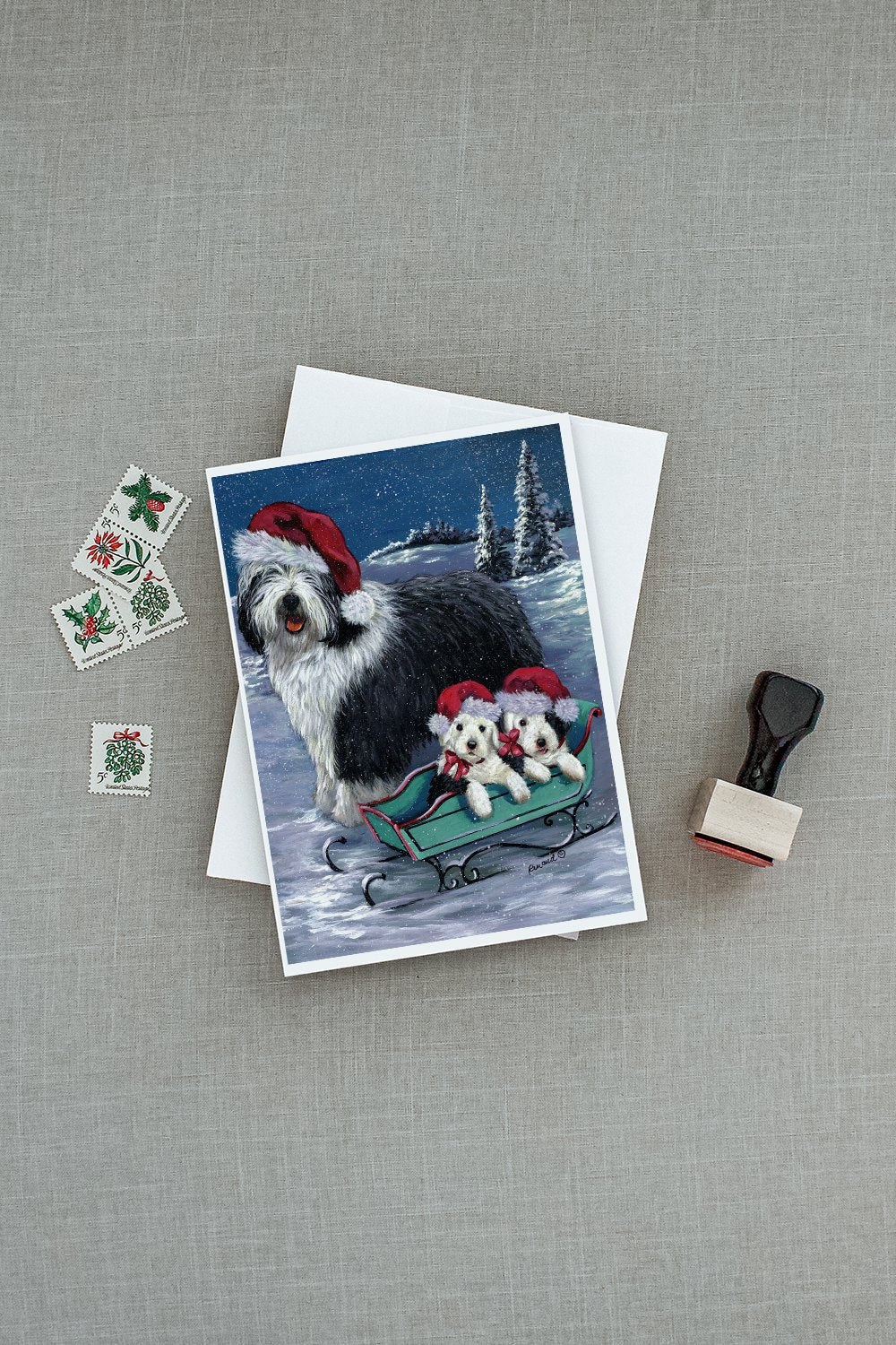 Old English Sheepdog Christmas Snow Greeting Cards Pack of 8 Blank Cards with Envelopes Whimsical A7 Size 5x7
