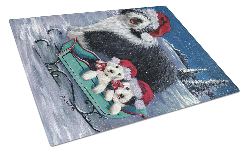 Old English Sheepdog Christmas Snow Cutting Board Tempered Glass Kitchen Cutting Surface, Heat Resistant Chopping, Non-Slip Feet, Food Prep & Serving