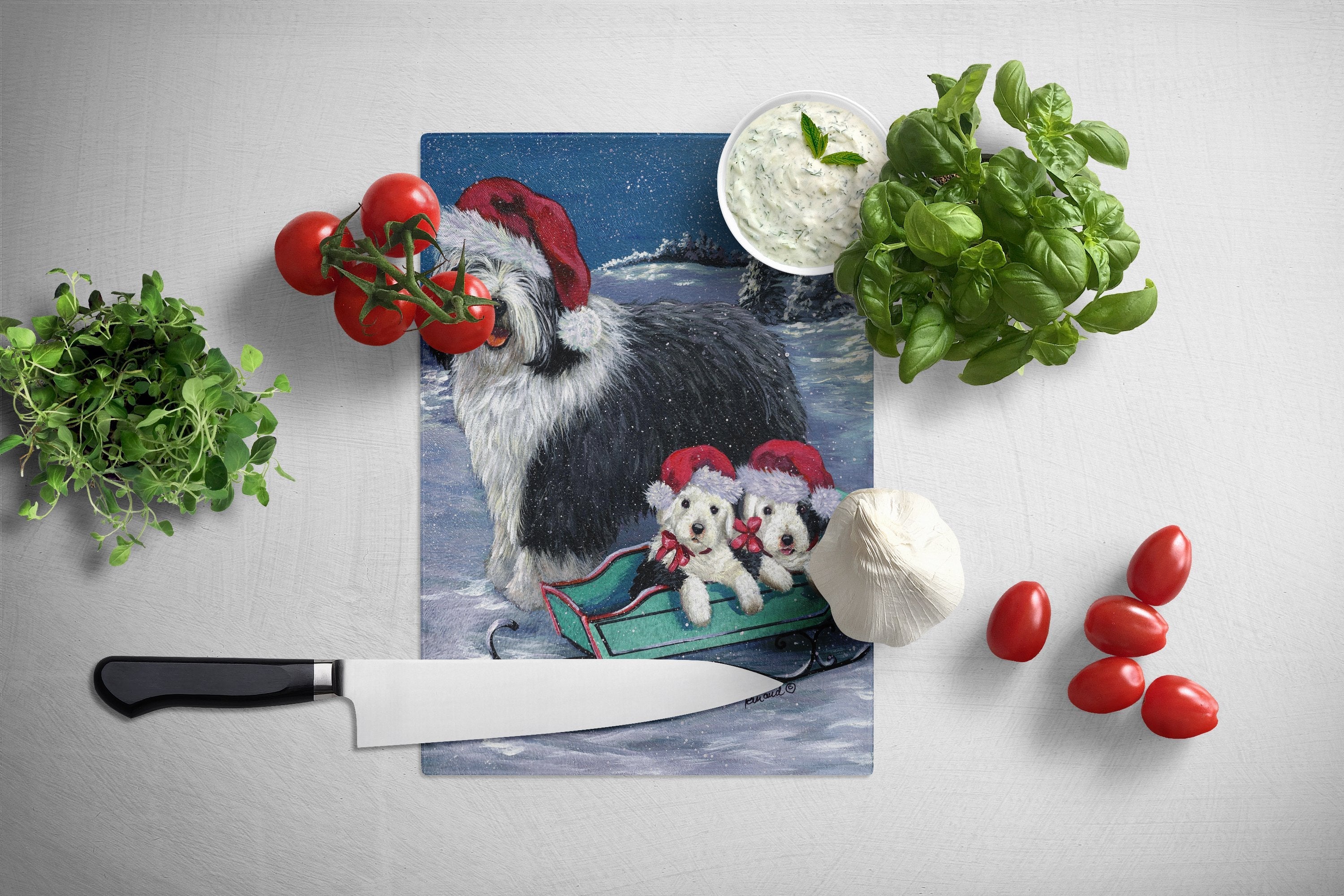 Old English Sheepdog Christmas Snow Cutting Board Tempered Glass Kitchen Cutting Surface, Heat Resistant Chopping, Non-Slip Feet, Food Prep & Serving