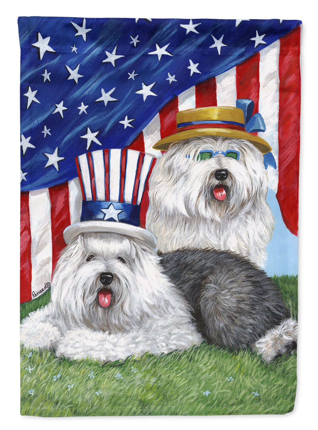 Old English Sheepdog USA House Flag 28x40 Porch Sleeve Pole Decorative Outside Yard Banner Artwork Wall Hanging, Polyester