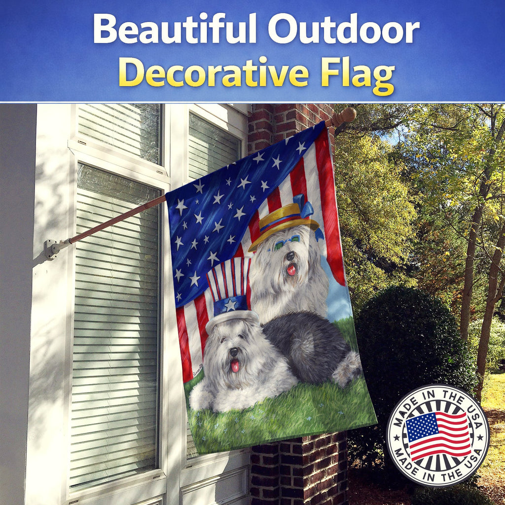 Old English Sheepdog USA House Flag 28x40 Porch Sleeve Pole Decorative Outside Yard Banner Artwork Wall Hanging, Polyester
