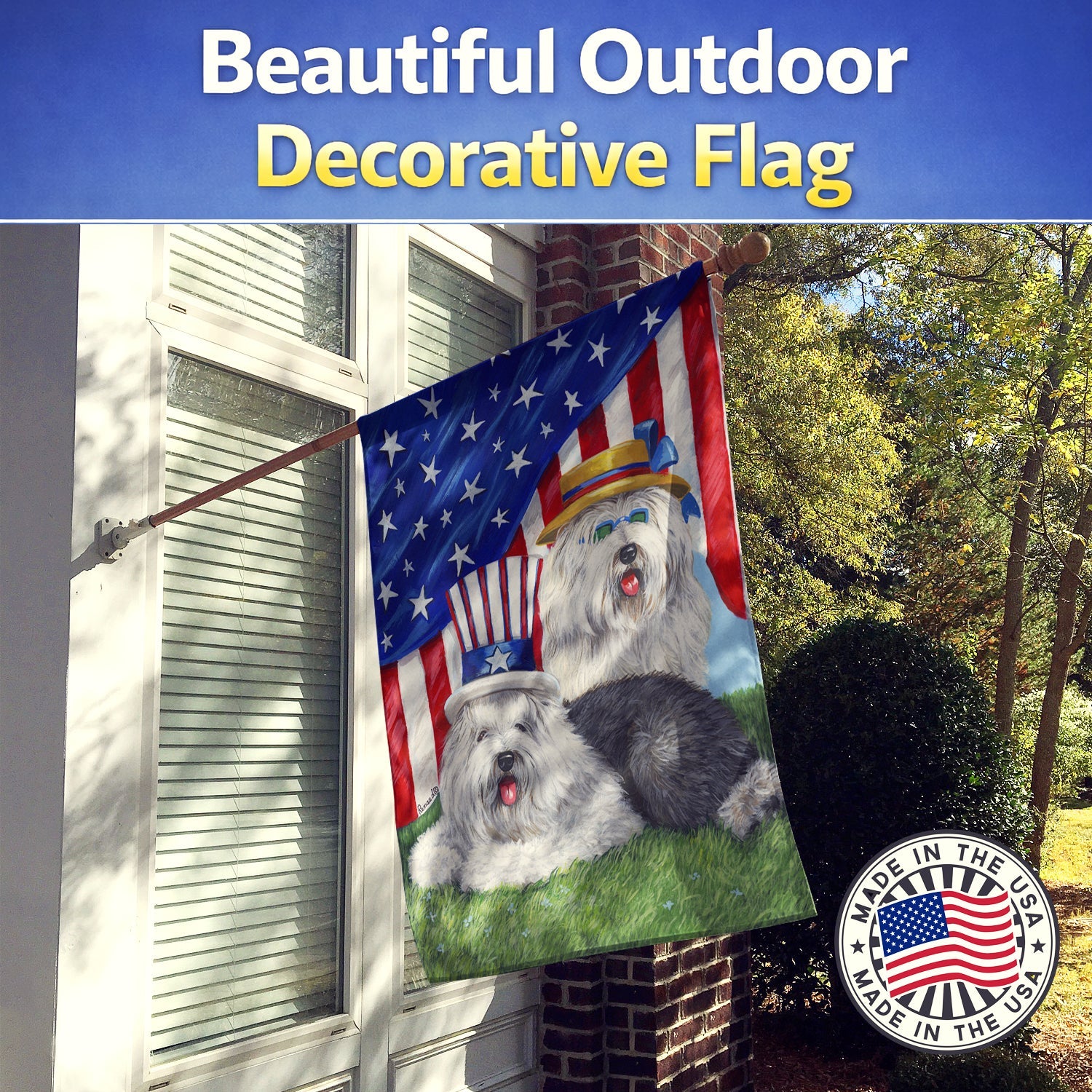 Old English Sheepdog USA House Flag 28x40 Porch Sleeve Pole Decorative Outside Yard Banner Artwork Wall Hanging, Polyester