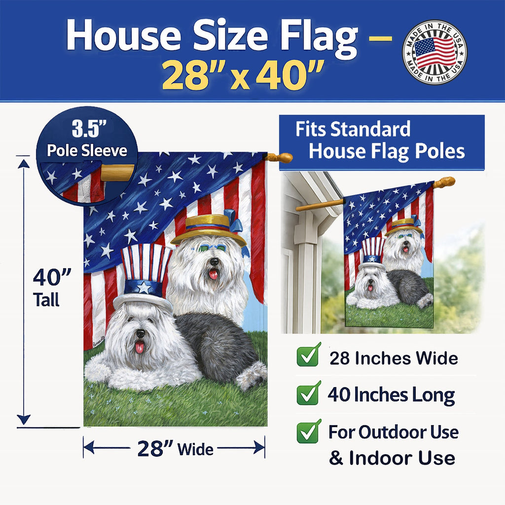 Old English Sheepdog USA House Flag 28x40 Porch Sleeve Pole Decorative Outside Yard Banner Artwork Wall Hanging, Polyester