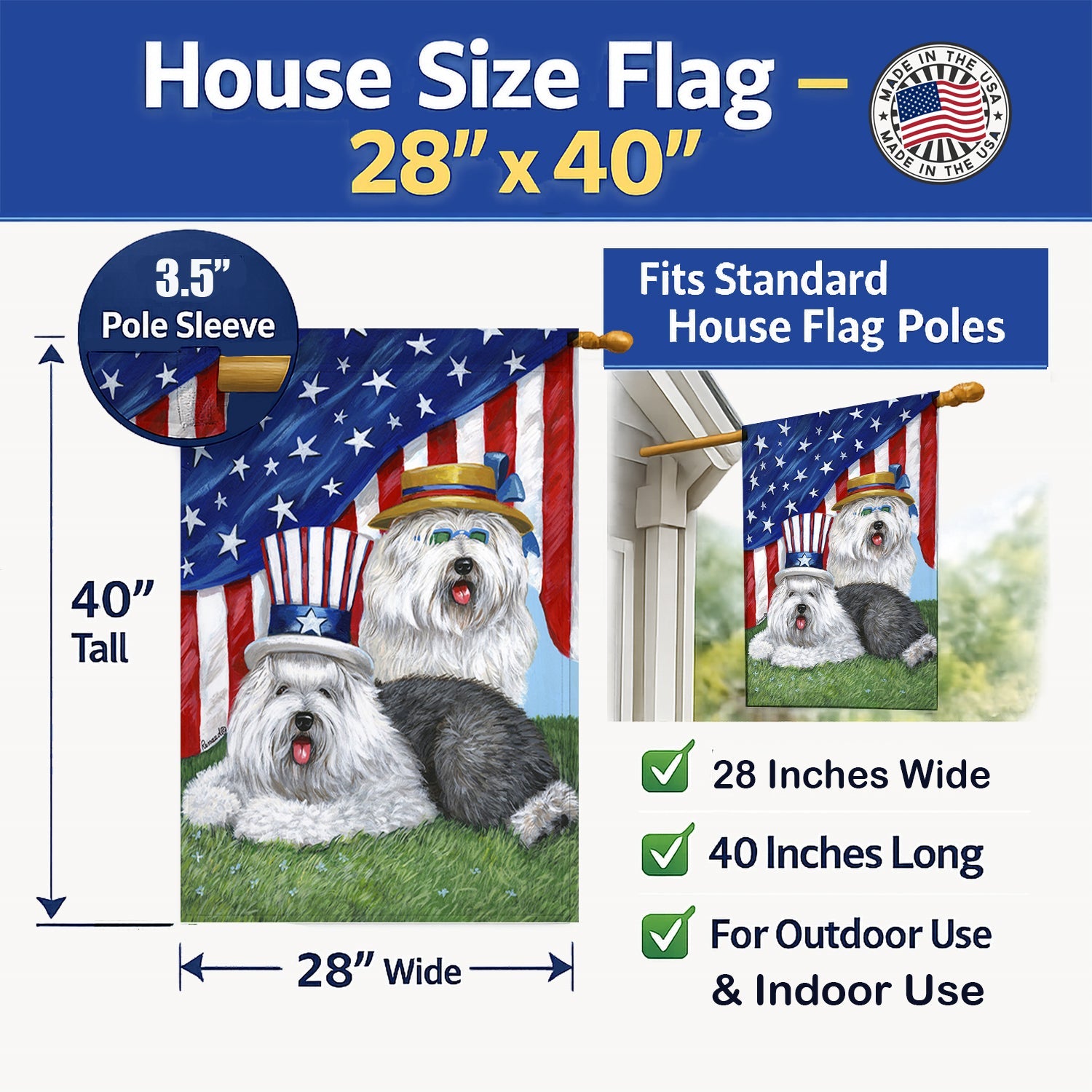 Old English Sheepdog USA House Flag 28x40 Porch Sleeve Pole Decorative Outside Yard Banner Artwork Wall Hanging, Polyester