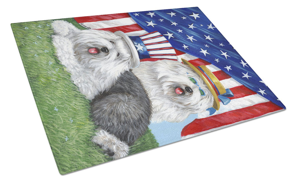 Old English Sheepdog USA Cutting Board Tempered Glass Kitchen Cutting Surface, Heat Resistant Chopping, Non-Slip Feet, Food Prep & Serving