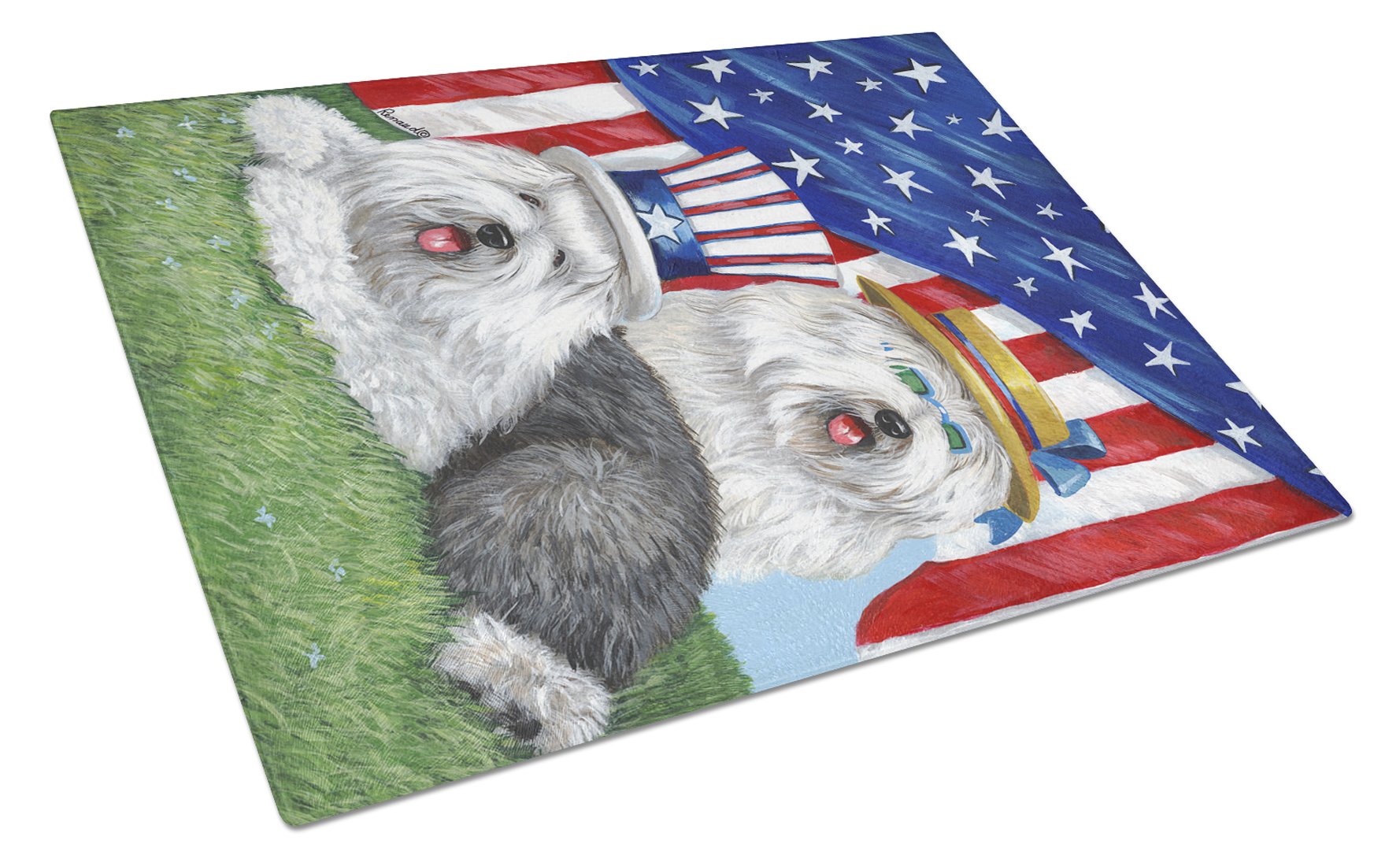 Old English Sheepdog USA Cutting Board Tempered Glass Kitchen Cutting Surface, Heat Resistant Chopping, Non-Slip Feet, Food Prep & Serving