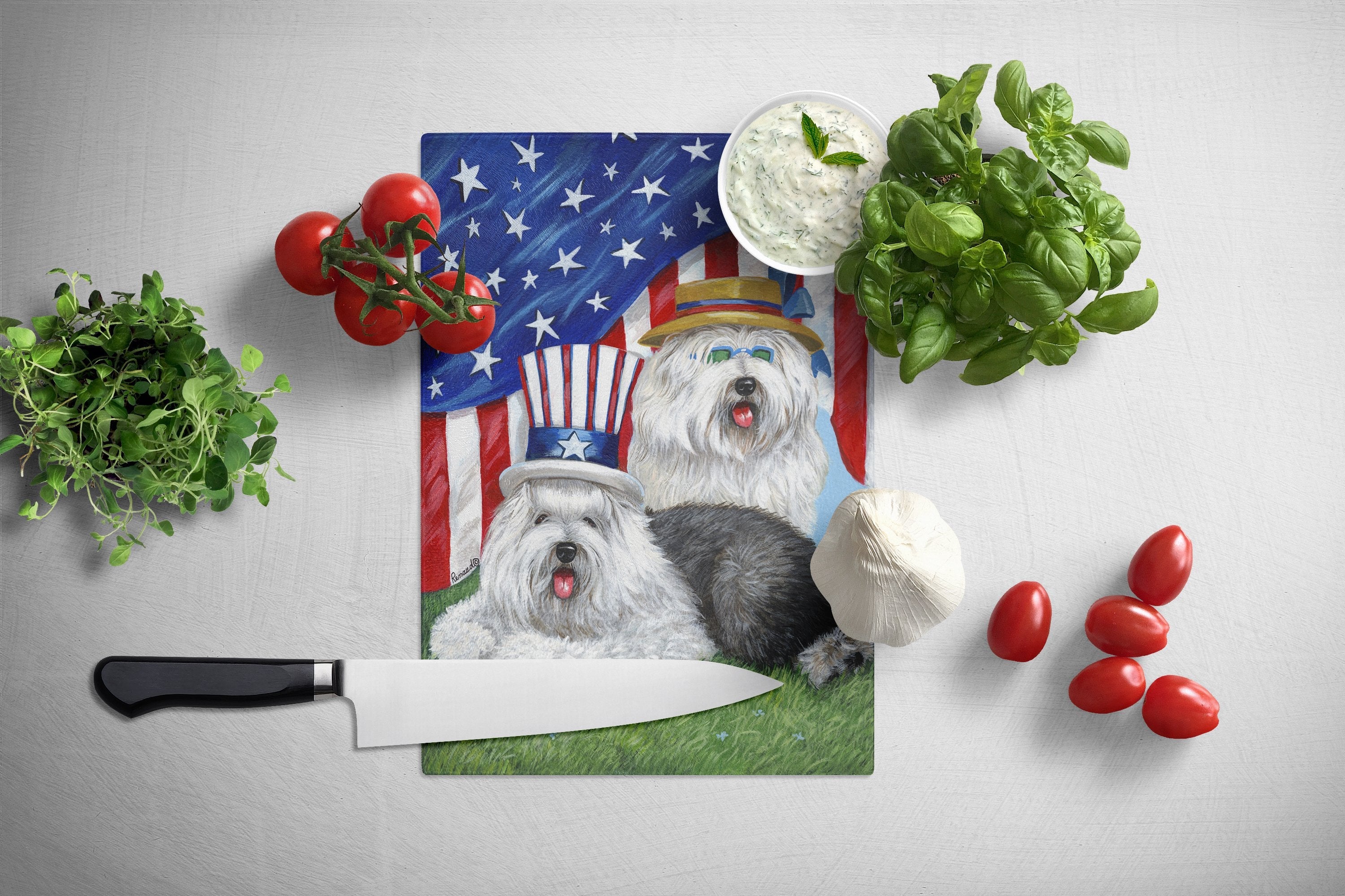 Old English Sheepdog USA Cutting Board Tempered Glass Kitchen Cutting Surface, Heat Resistant Chopping, Non-Slip Feet, Food Prep & Serving