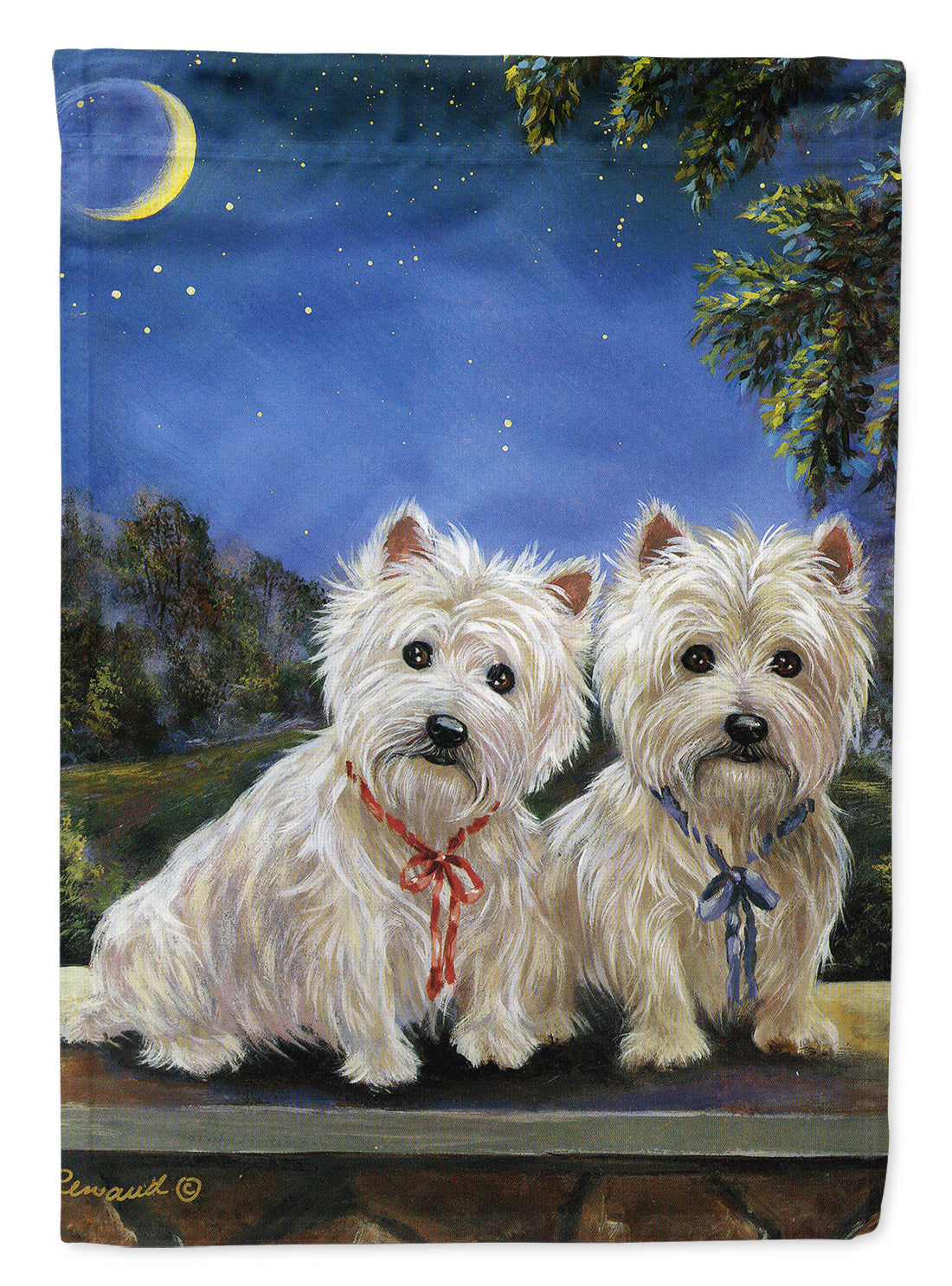 Westie Moonlight Stroll House Flag 28x40 Porch Sleeve Pole Decorative Outside Yard Banner Artwork Wall Hanging, Polyester