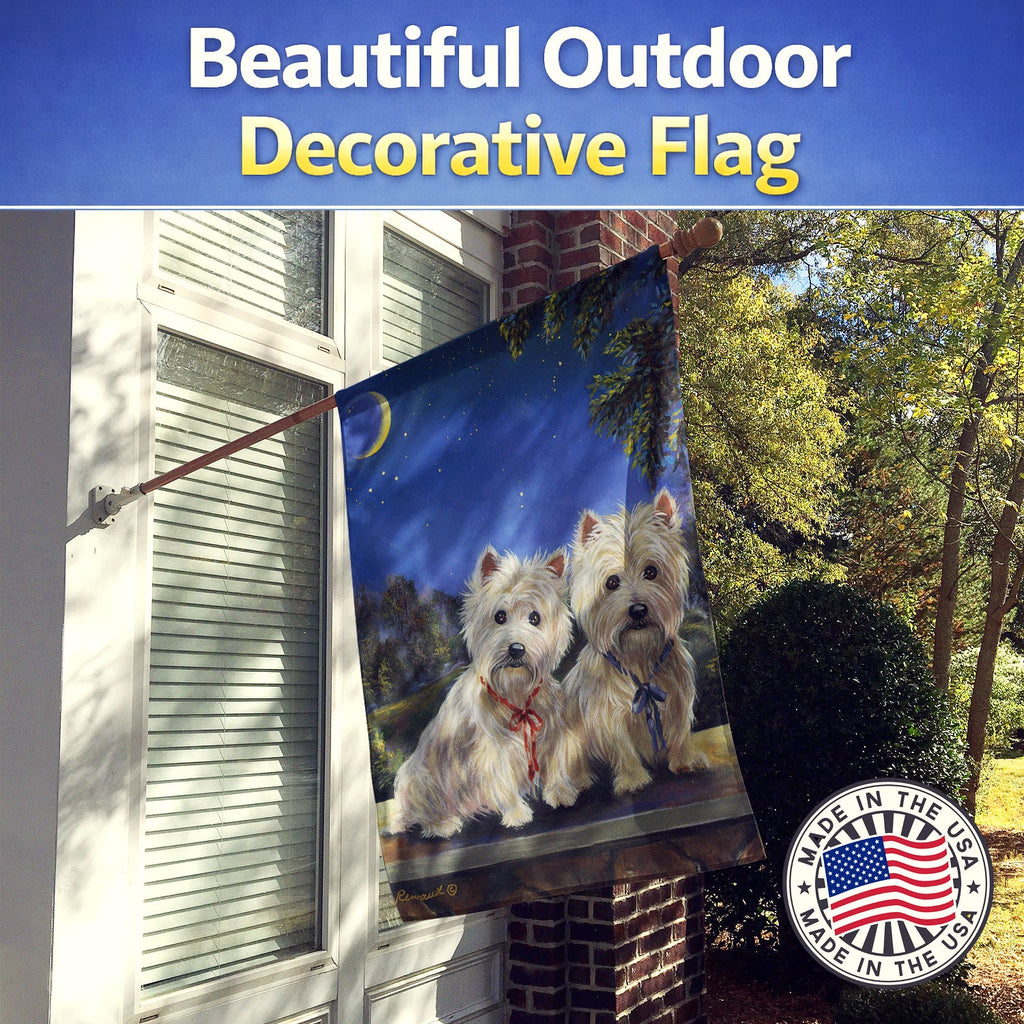 Westie Moonlight Stroll House Flag 28x40 Porch Sleeve Pole Decorative Outside Yard Banner Artwork Wall Hanging, Polyester