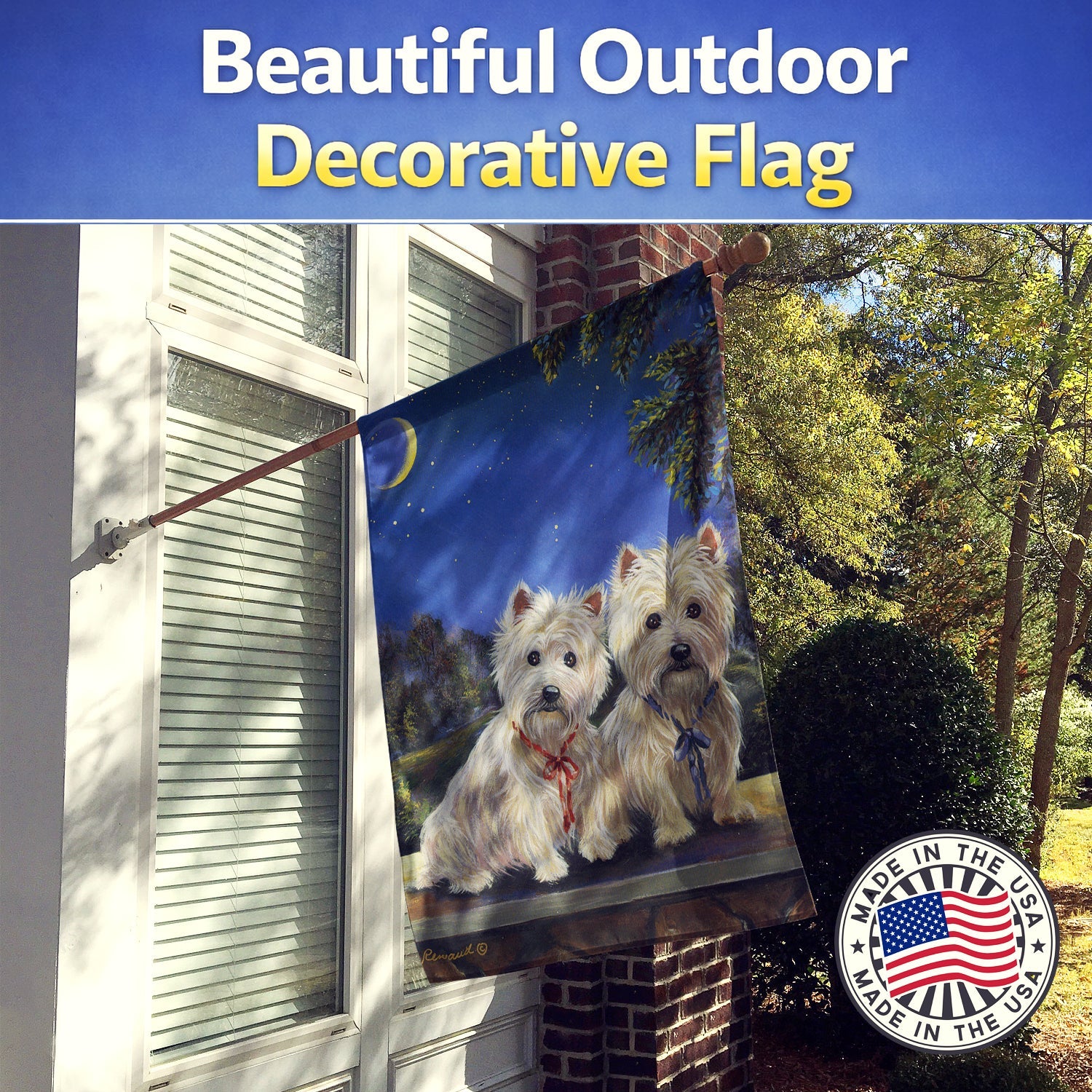 Westie Moonlight Stroll House Flag 28x40 Porch Sleeve Pole Decorative Outside Yard Banner Artwork Wall Hanging, Polyester
