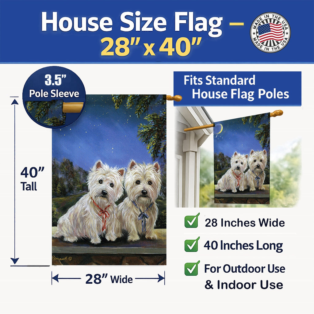 Westie Moonlight Stroll House Flag 28x40 Porch Sleeve Pole Decorative Outside Yard Banner Artwork Wall Hanging, Polyester