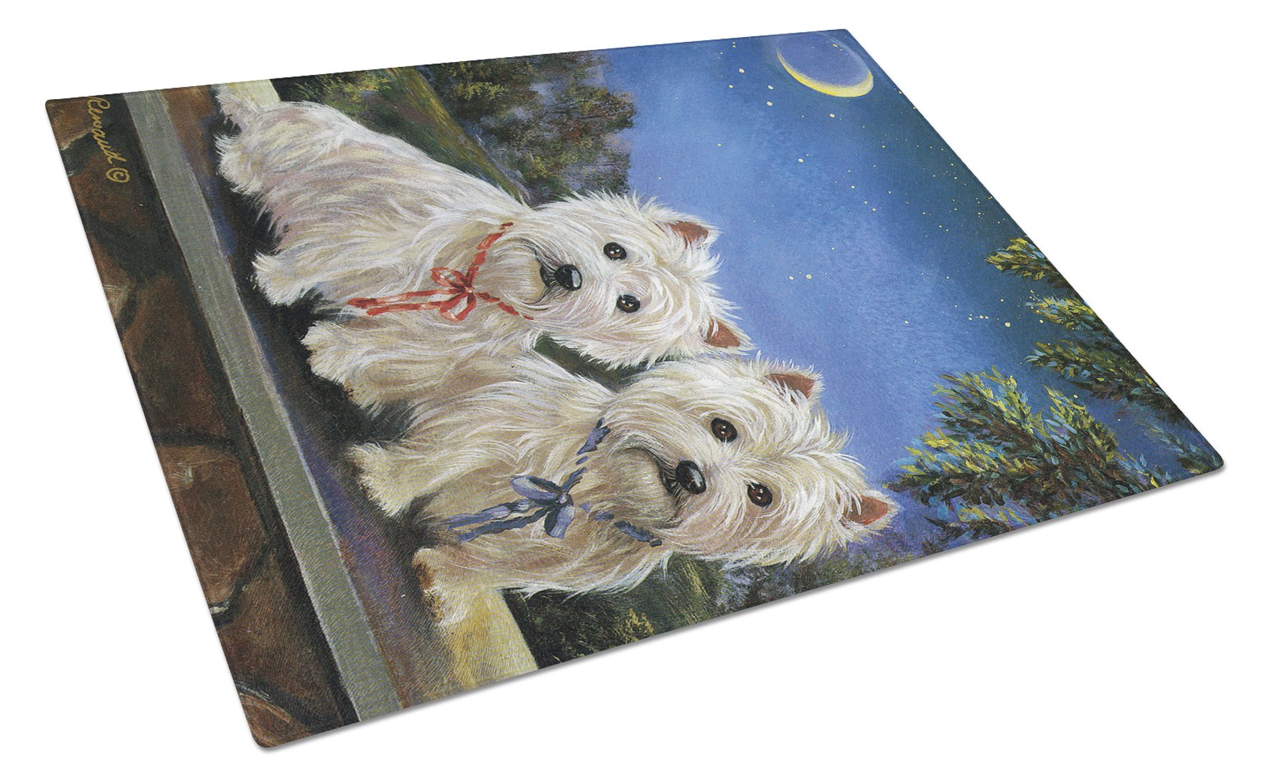 Westie Moonlight Stroll Cutting Board Tempered Glass Kitchen Cutting Surface, Heat Resistant Chopping, Non-Slip Feet, Food Prep & Serving