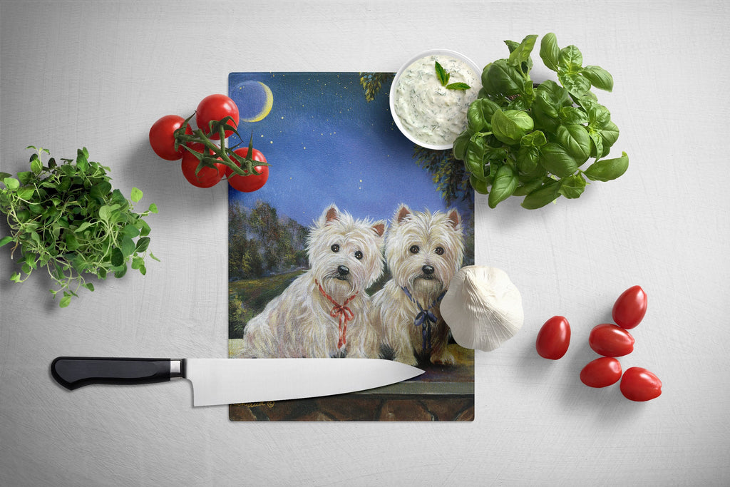 Westie Moonlight Stroll Cutting Board Tempered Glass Kitchen Cutting Surface, Heat Resistant Chopping, Non-Slip Feet, Food Prep & Serving