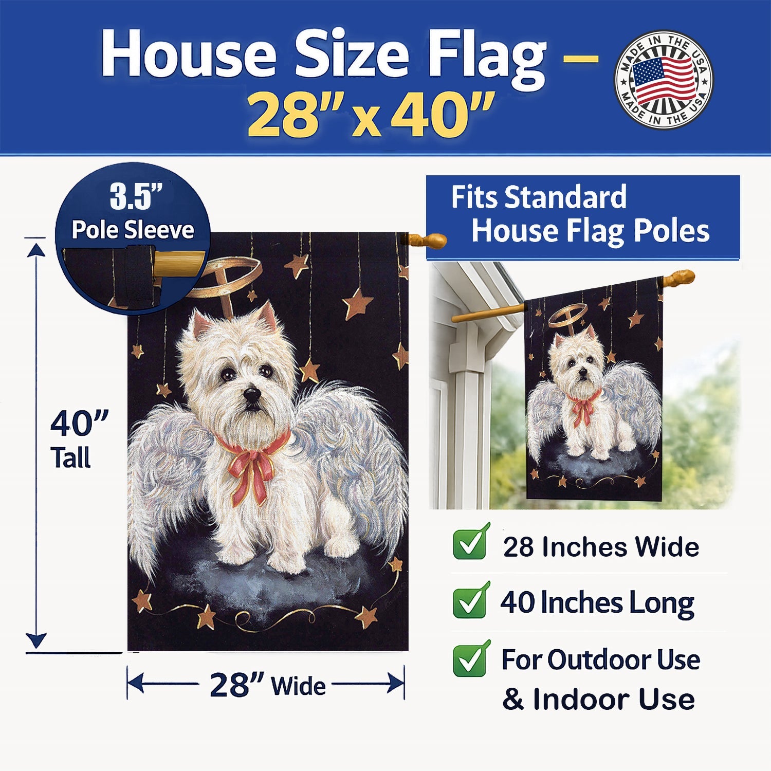 Westie Christmas Angel House Flag 28x40 Porch Sleeve Pole Decorative Outside Yard Banner Artwork Wall Hanging, Polyester