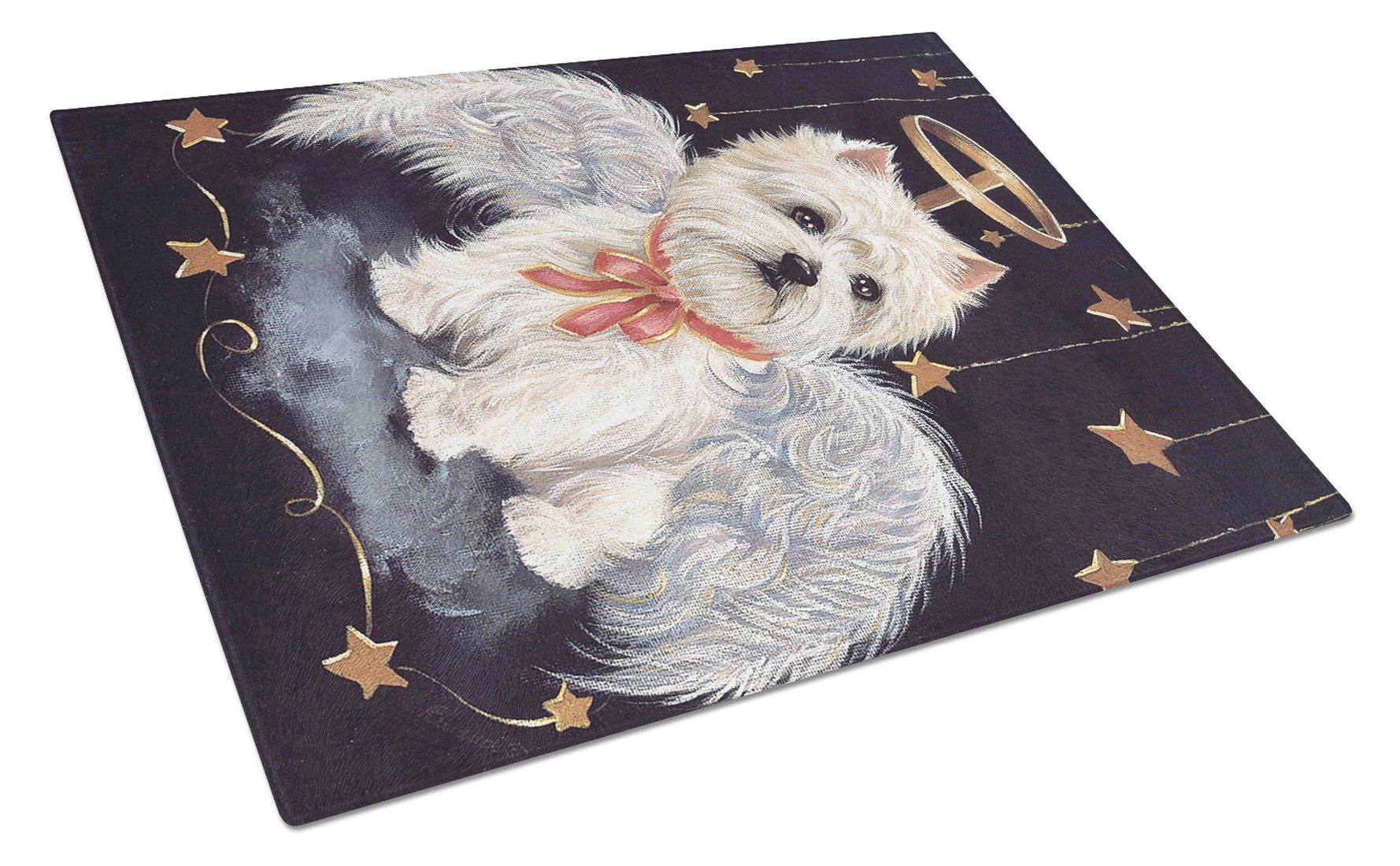 Westie Christmas Angel Cutting Board Tempered Glass Kitchen Cutting Surface, Heat Resistant Chopping, Non-Slip Feet, Food Prep & Serving