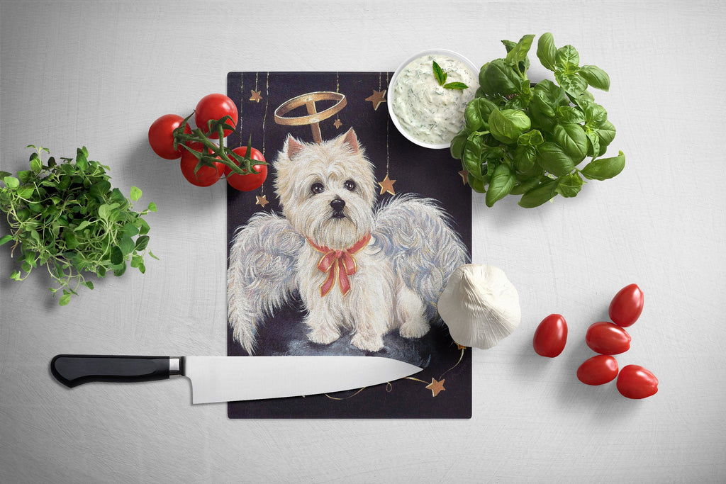 Westie Christmas Angel Cutting Board Tempered Glass Kitchen Cutting Surface, Heat Resistant Chopping, Non-Slip Feet, Food Prep & Serving