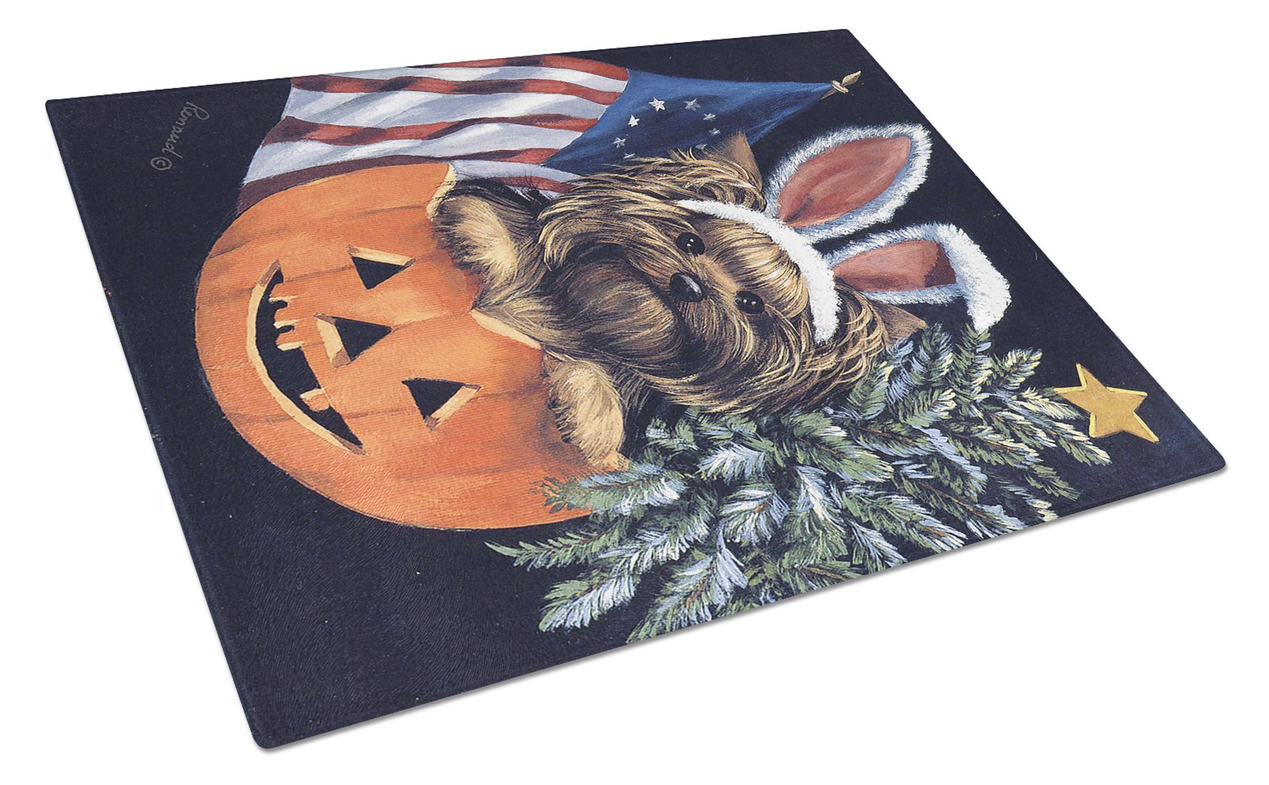 Yorkie for All Seasons Cutting Board Tempered Glass Kitchen Cutting Surface, Heat Resistant Chopping, Non-Slip Feet, Food Prep & Serving