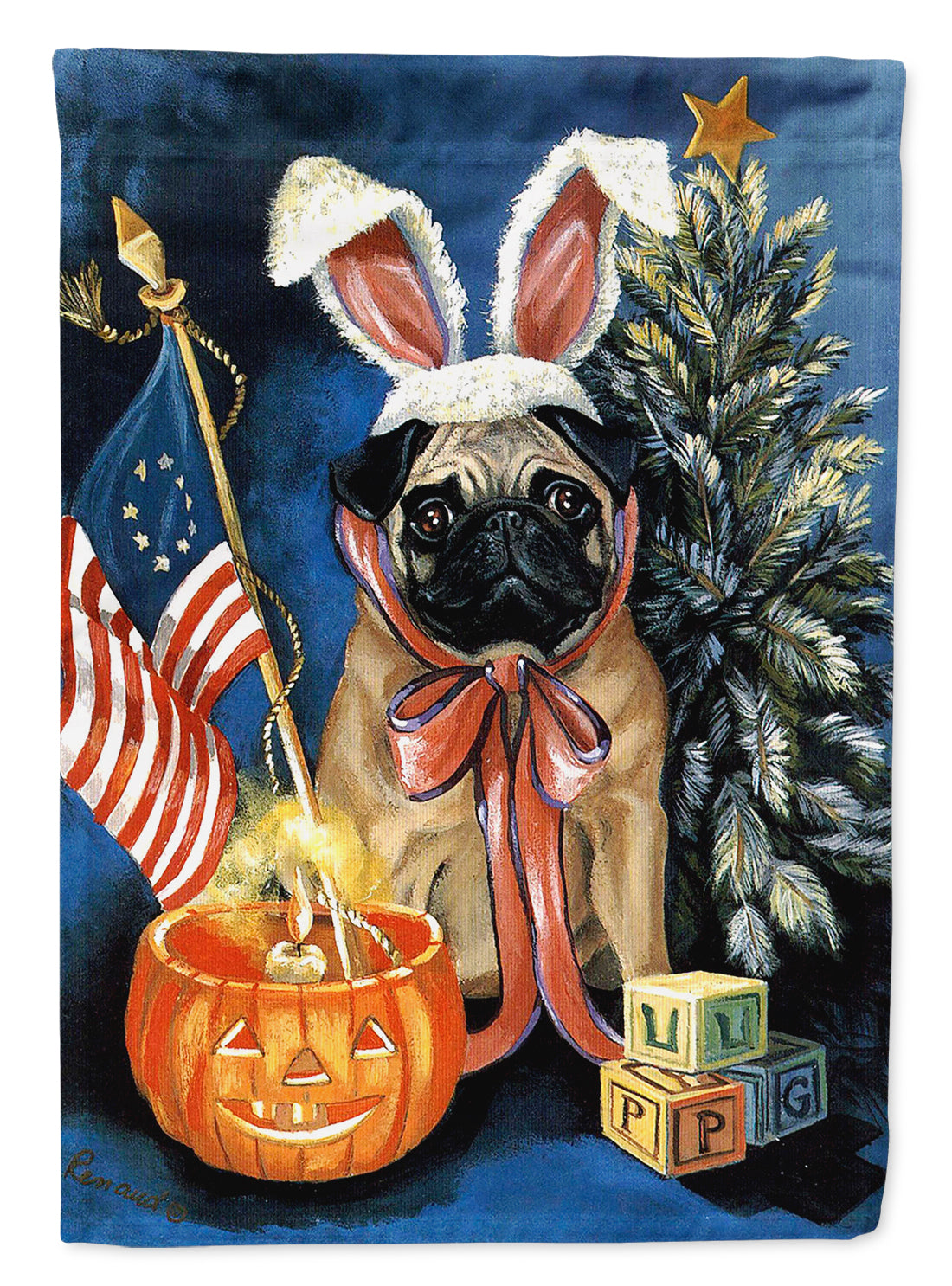 Pug for All Seasons House Flag 28x40 Porch Sleeve Pole Decorative Outside Yard Banner Artwork Wall Hanging, Polyester