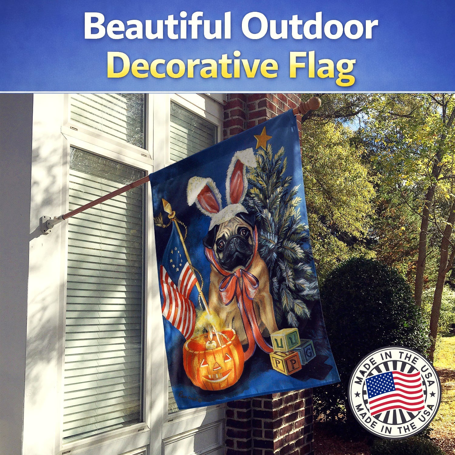 Pug for All Seasons House Flag 28x40 Porch Sleeve Pole Decorative Outside Yard Banner Artwork Wall Hanging, Polyester