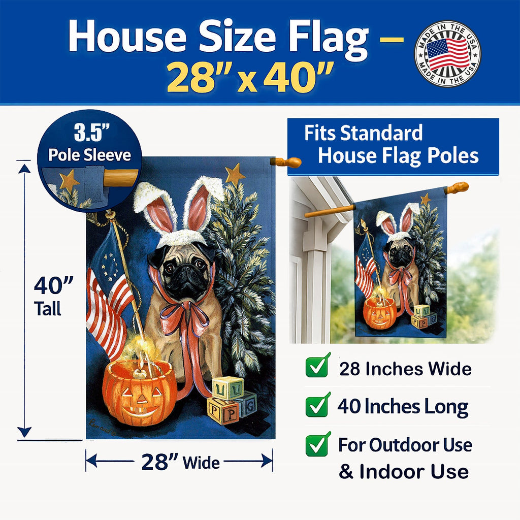 Pug for All Seasons House Flag 28x40 Porch Sleeve Pole Decorative Outside Yard Banner Artwork Wall Hanging, Polyester