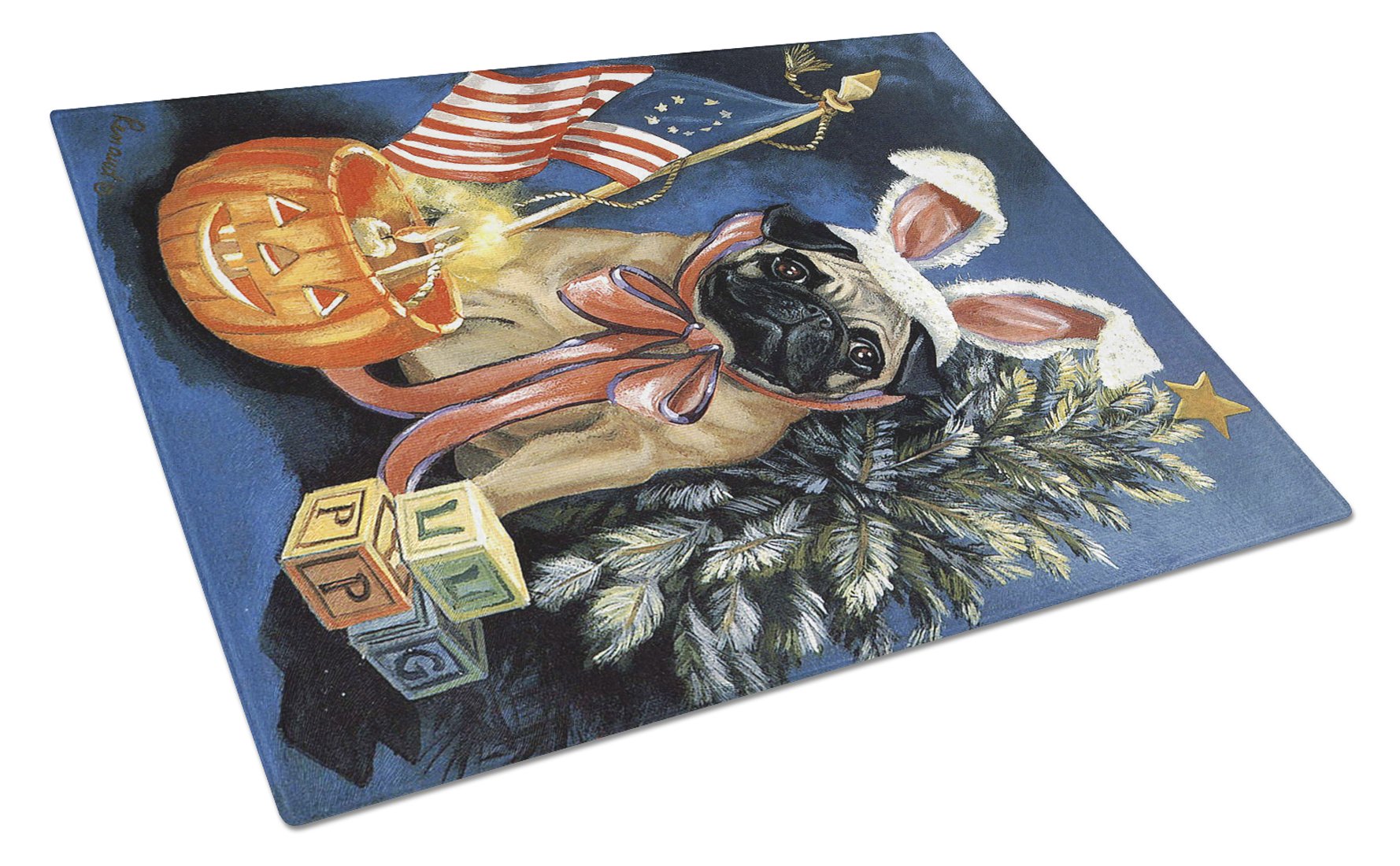 Pug for All Seasons Cutting Board Tempered Glass Kitchen Cutting Surface, Heat Resistant Chopping, Non-Slip Feet, Food Prep & Serving
